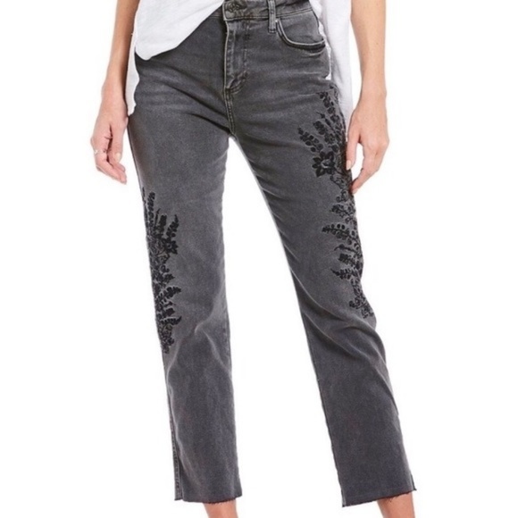 GREY Free People We The Free Womens Jeans Floral Embroidery